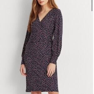 Lauren Ralph Lauren Faux Wrap Dress Sydnie Blue Pink Floral KnitJersey Size 8